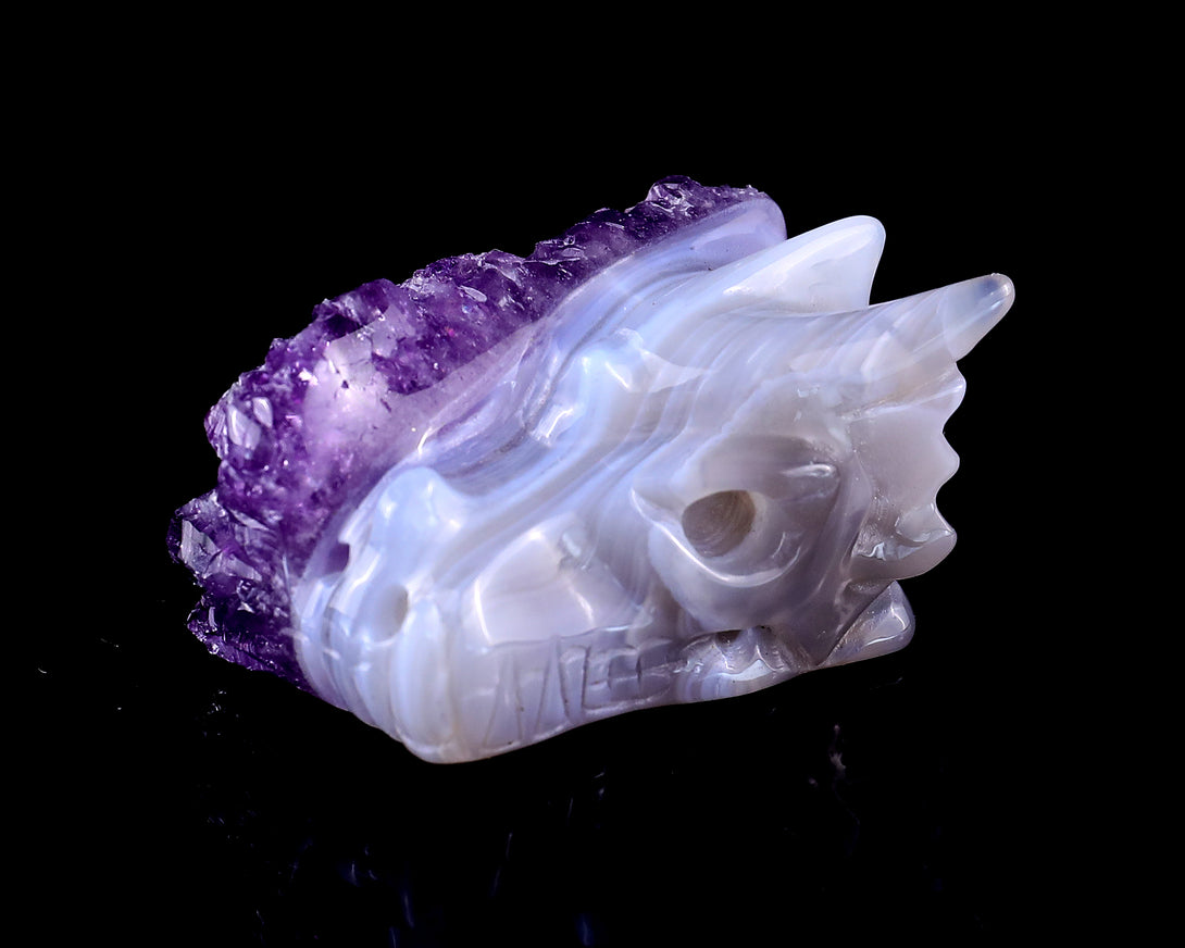 1.7" Amethyst Druse Agate Hand Carved Crystal Dragon Skull Sculpture crysvibe