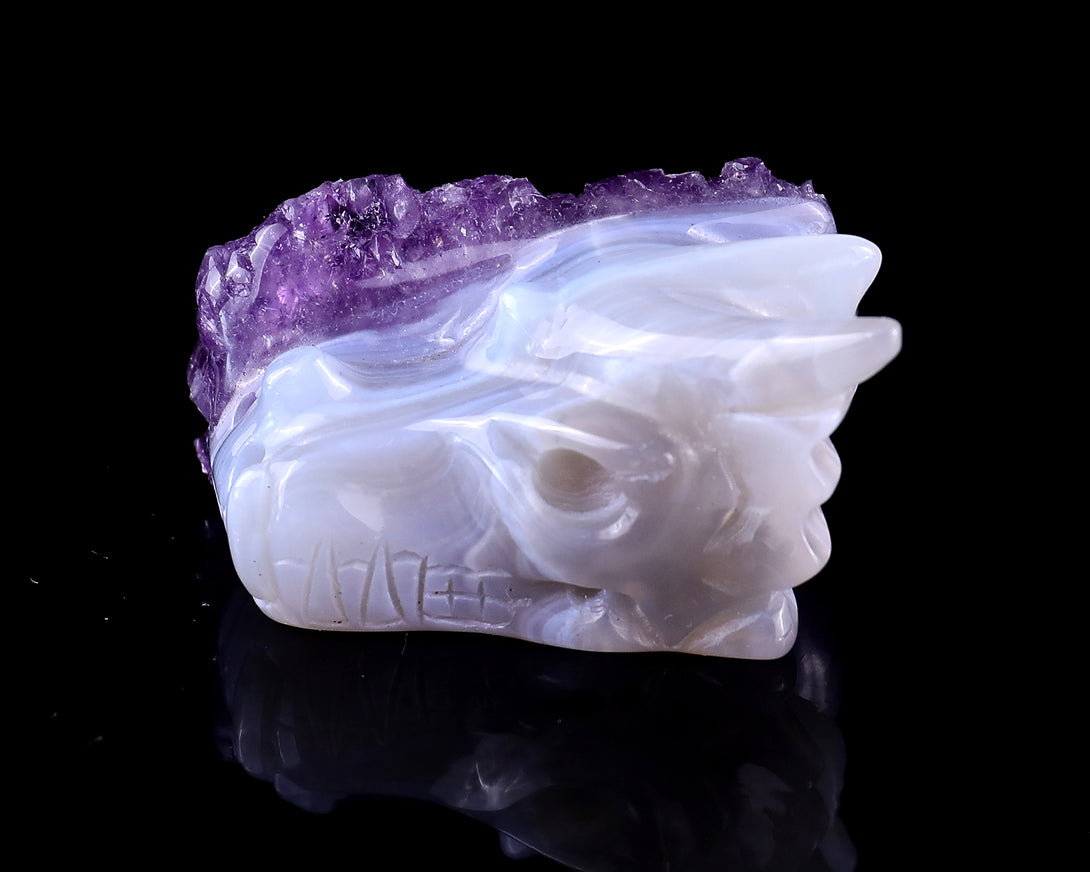 1.7" Amethyst Druse Agate Hand Carved Crystal Dragon Skull Sculpture crysvibe