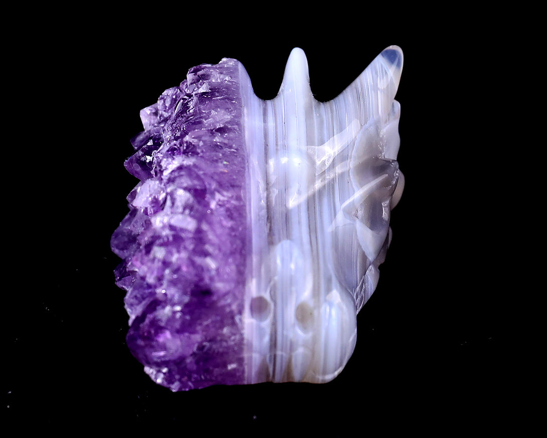 1.7" Amethyst Druse Agate Hand Carved Crystal Dragon Skull Sculpture crysvibe