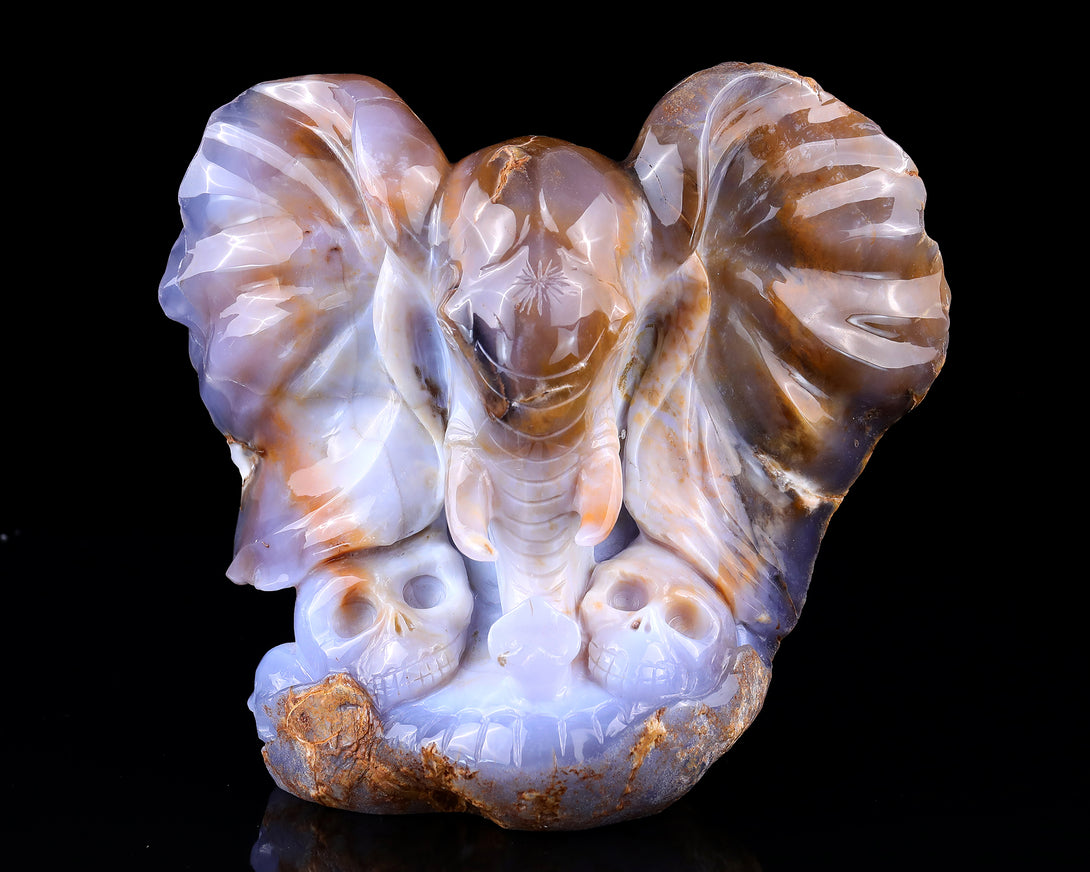 10.2" Chalcedony Hand Carved Crystal Elephant Head and Skull Sculpture crysvibe