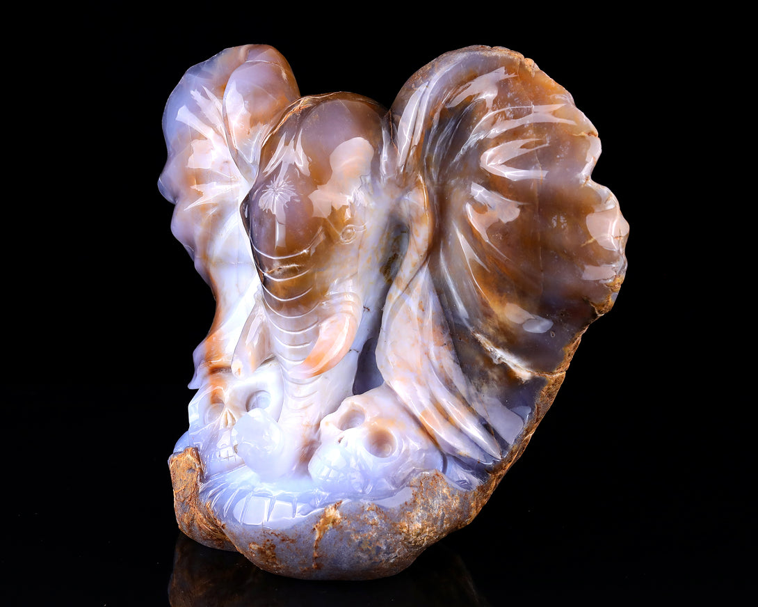 10.2" Chalcedony Hand Carved Crystal Elephant Head and Skull Sculpture crysvibe