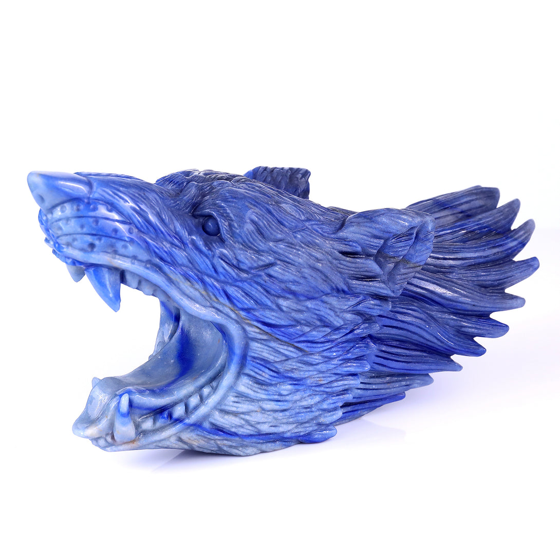 10.4" Blue Aventurine Hand Carved Crystal Wolf Head Sculpture crysvibe