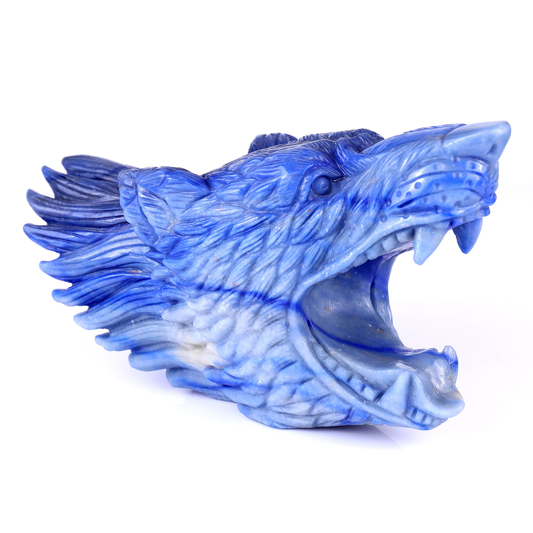 10.4" Blue Aventurine Hand Carved Crystal Wolf Head Sculpture crysvibe