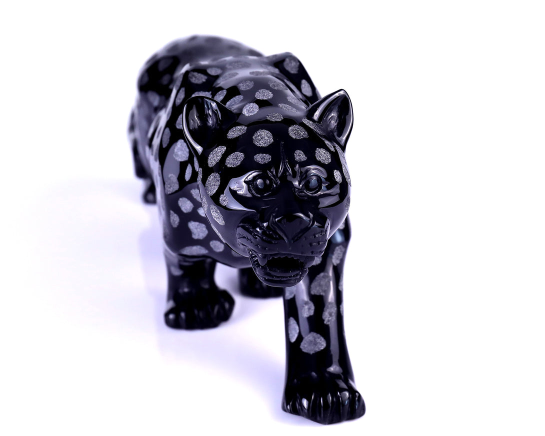 13.8" Black Obsidian Hand Carved Crystal Leopard Sculpture crysvibe