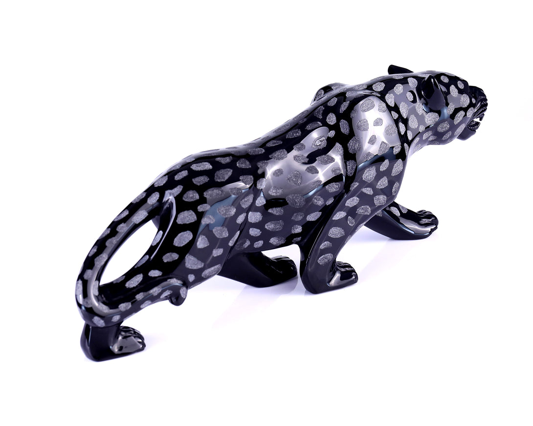 13.8" Black Obsidian Hand Carved Crystal Leopard Sculpture crysvibe