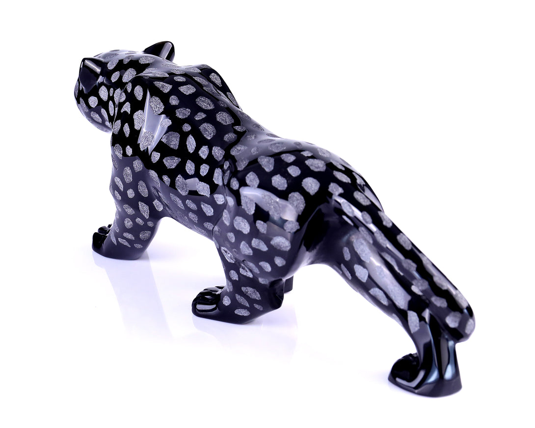 13.8" Black Obsidian Hand Carved Crystal Leopard Sculpture crysvibe