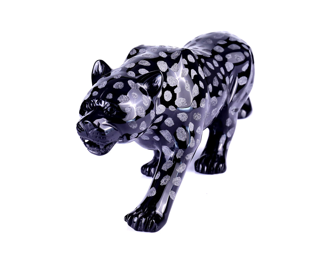 13.8" Black Obsidian Hand Carved Crystal Leopard Sculpture crysvibe