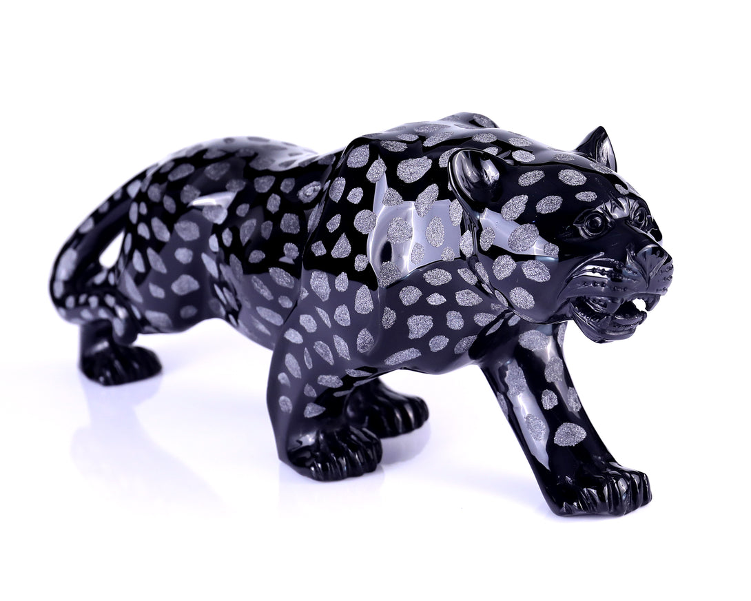 13.8" Black Obsidian Hand Carved Crystal Leopard Sculpture crysvibe