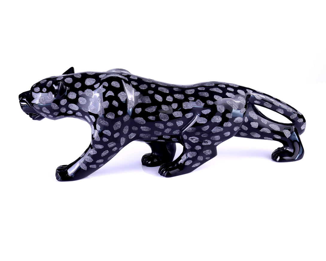 13.8" Black Obsidian Hand Carved Crystal Leopard Sculpture crysvibe