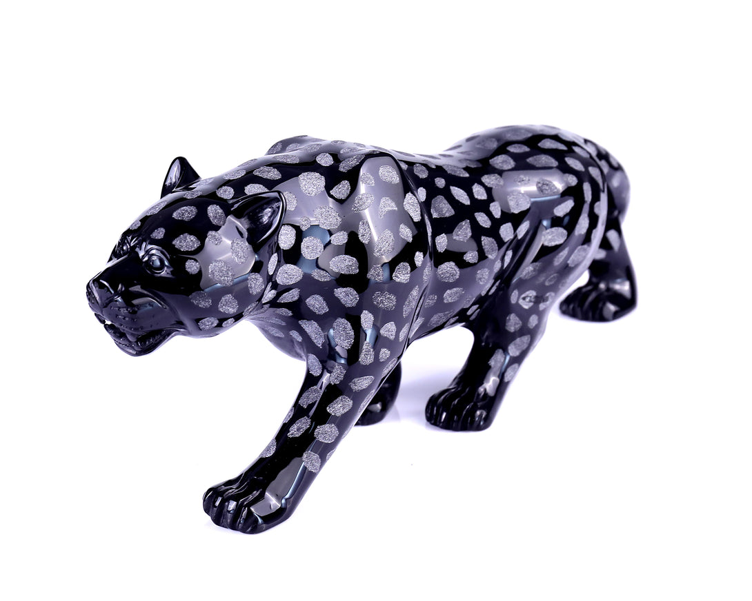 13.8" Black Obsidian Hand Carved Crystal Leopard Sculpture crysvibe