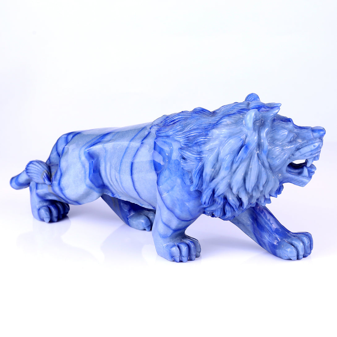 13.8" Blue Aventurine Hand Carved Crystal Lion Sculpture crysvibe