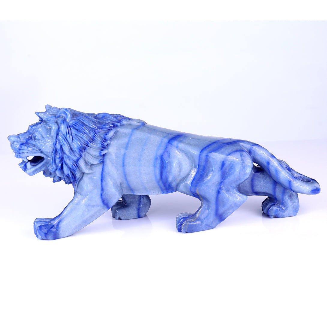 13.8" Blue Aventurine Hand Carved Crystal Lion Sculpture crysvibe