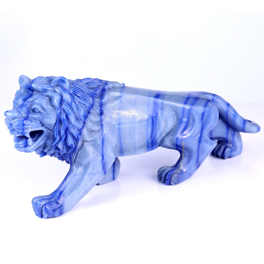 13.8" Blue Aventurine Hand Carved Crystal Lion Sculpture crysvibe