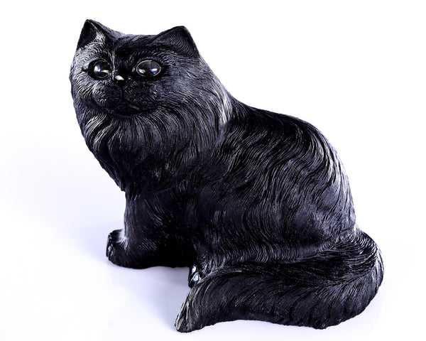 9.4" Black Obsidian Hand Carved Crystal Persian Cat Sculpture