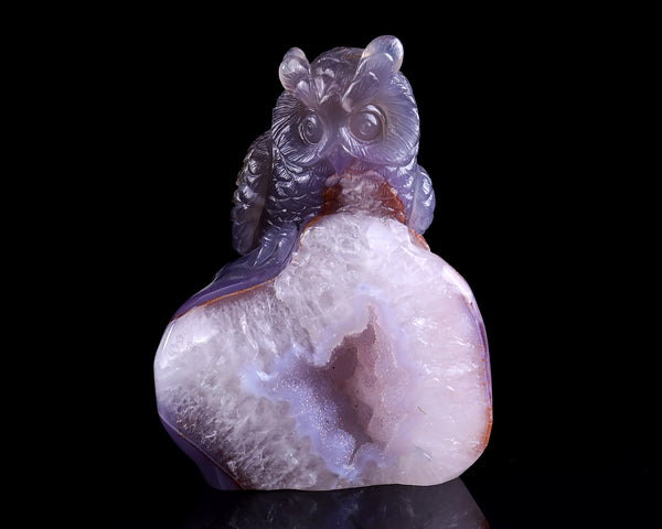 5.8" Geode Agate Hand Carved Crystal Owl Sculpture