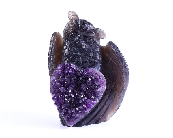 7.9" Amethyst Druse Agate Hand Carved Crystal Owl Sculpture