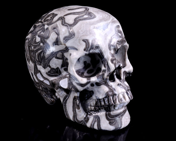 Natural Black Crazy Lace Agate Hand Carved Crystal Realistic Skull Sculpture