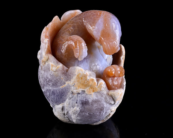 3.9" Chalcedony Hand Carved Crystal Dinosaur Baby Egg Sculpture