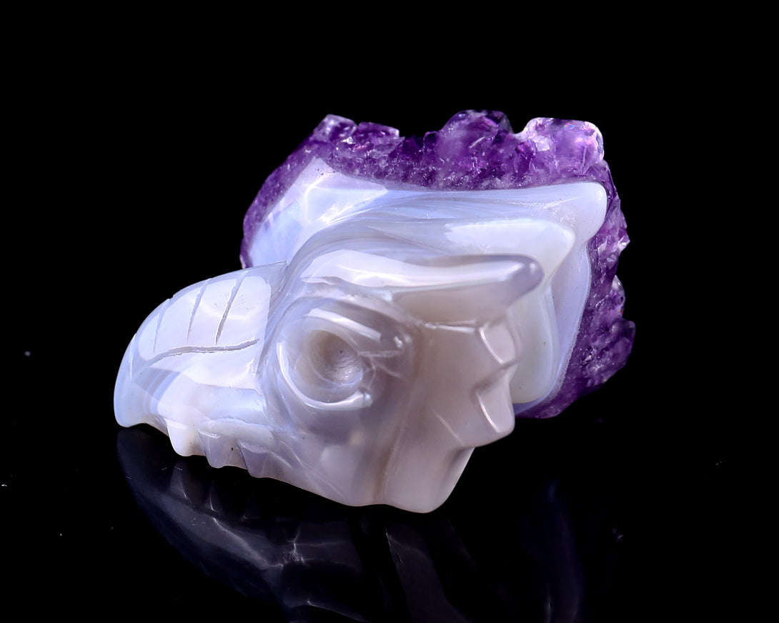 2.1" Amethyst Druse Agate Hand Carved Crystal Phoenix Skull Sculpture crysvibe