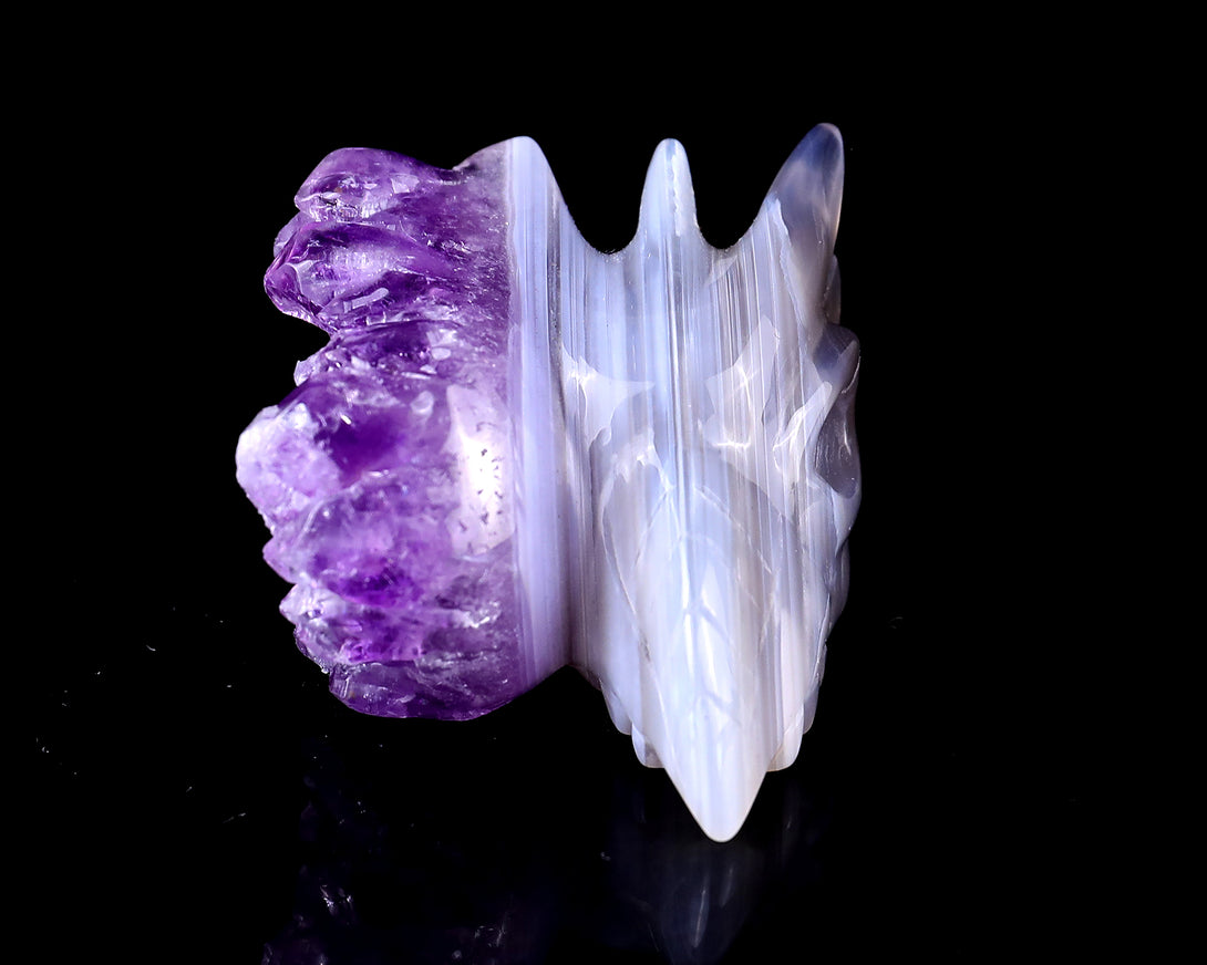 2.1" Amethyst Druse Agate Hand Carved Crystal Phoenix Skull Sculpture crysvibe