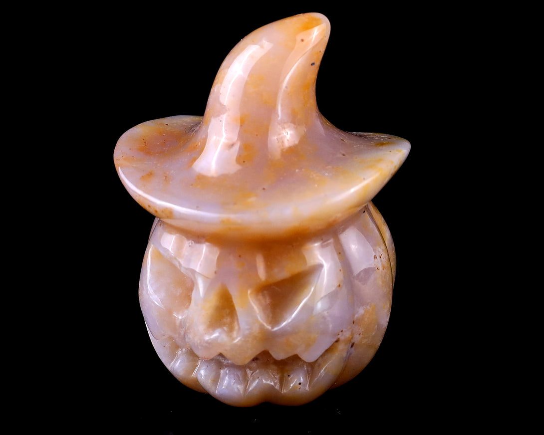 2.2” Natural Chalcedony Hand Carved Crystal Wizard Pumpkin Sculpture, Halloween Gift crysvibe