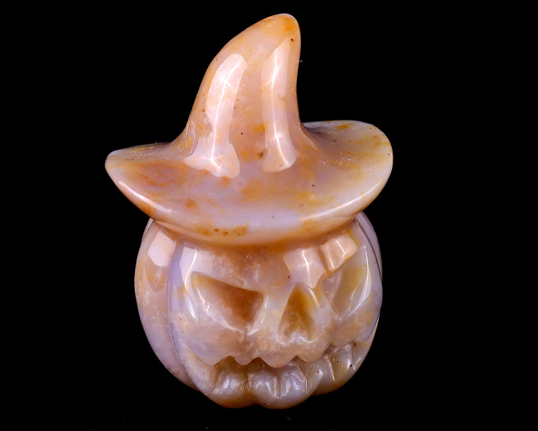 2.2” Natural Chalcedony Hand Carved Crystal Wizard Pumpkin Sculpture, Halloween Gift crysvibe