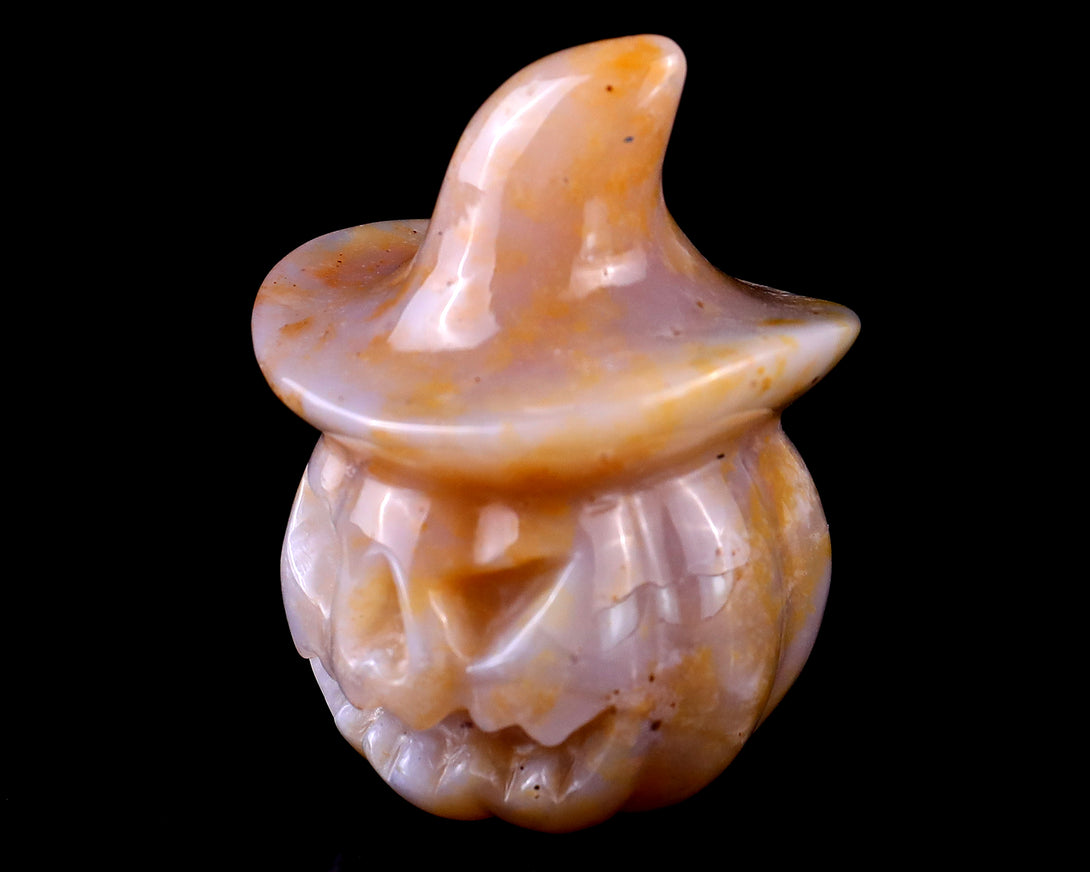 2.2” Natural Chalcedony Hand Carved Crystal Wizard Pumpkin Sculpture, Halloween Gift crysvibe