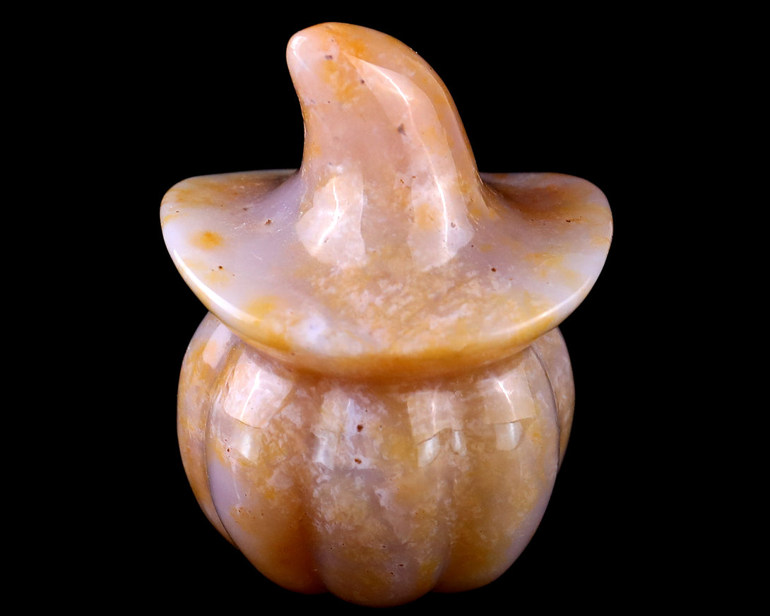 2.2” Natural Chalcedony Hand Carved Crystal Wizard Pumpkin Sculpture, Halloween Gift crysvibe