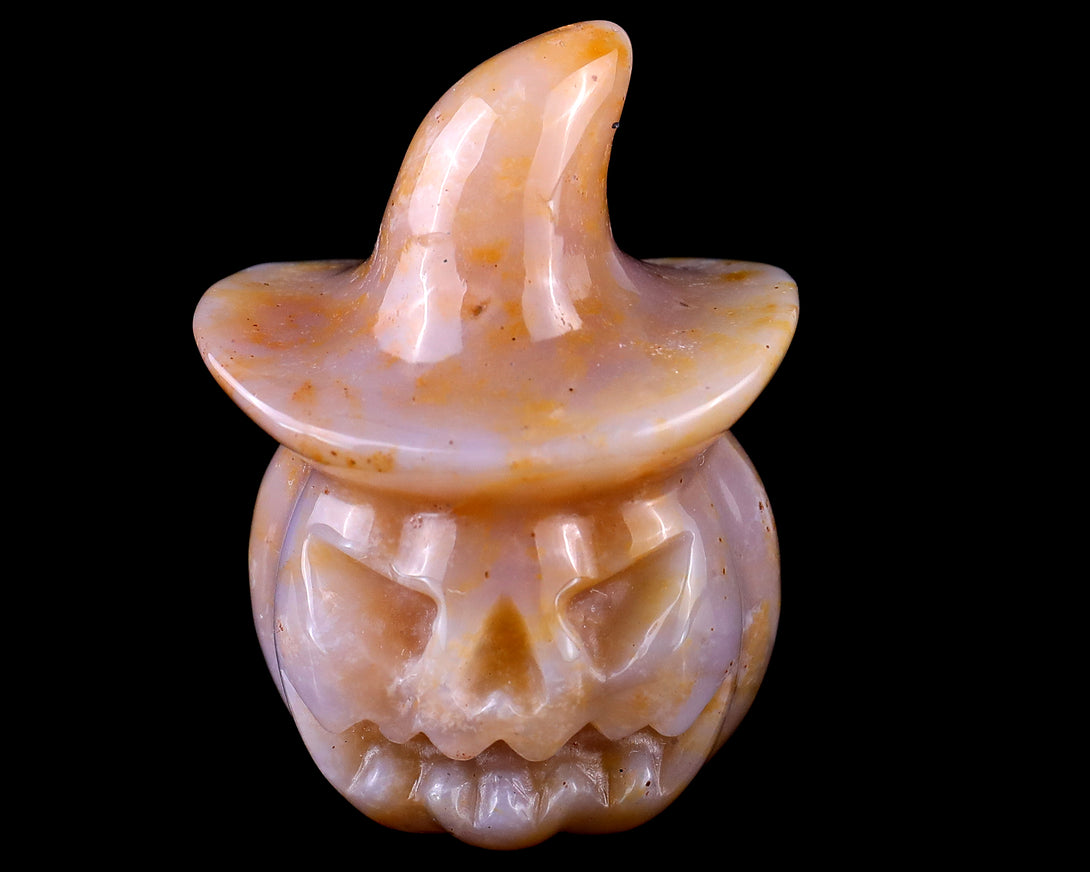 2.2” Natural Chalcedony Hand Carved Crystal Wizard Pumpkin Sculpture, Halloween Gift crysvibe