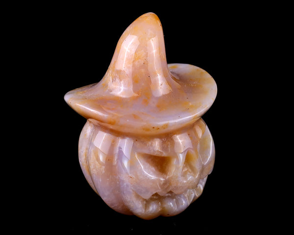 2.2” Natural Chalcedony Hand Carved Crystal Wizard Pumpkin Sculpture, Halloween Gift crysvibe