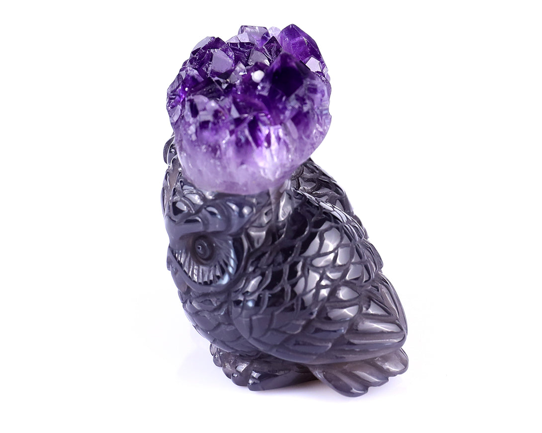 2.3" Amethyst Druse Agate Hand Carved Crystal Owls Sculpture crysvibe