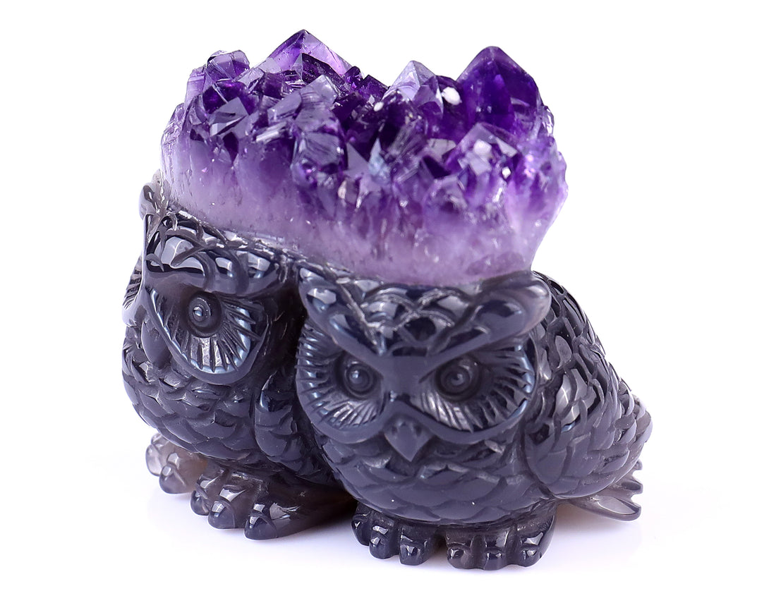 2.3" Amethyst Druse Agate Hand Carved Crystal Owls Sculpture crysvibe