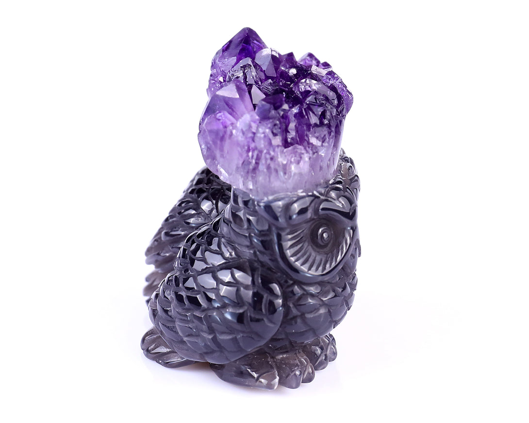 2.3" Amethyst Druse Agate Hand Carved Crystal Owls Sculpture crysvibe