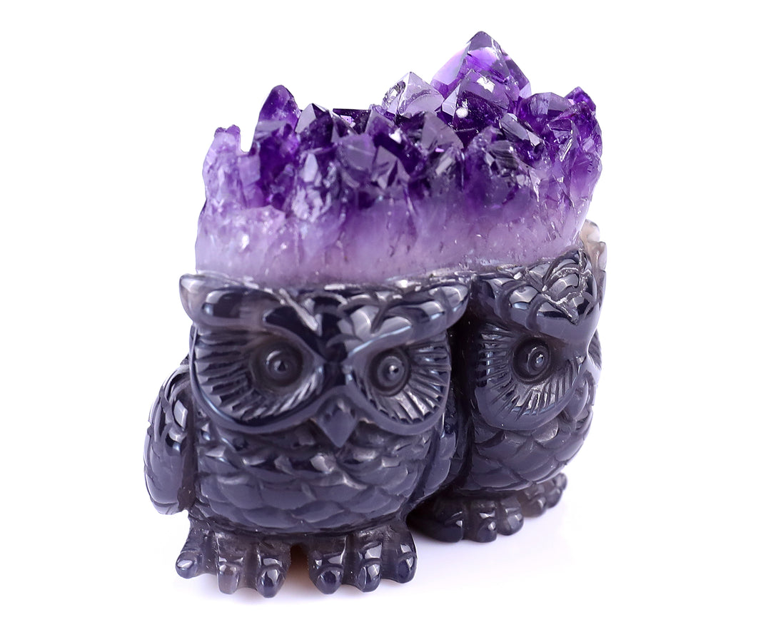 2.3" Amethyst Druse Agate Hand Carved Crystal Owls Sculpture crysvibe