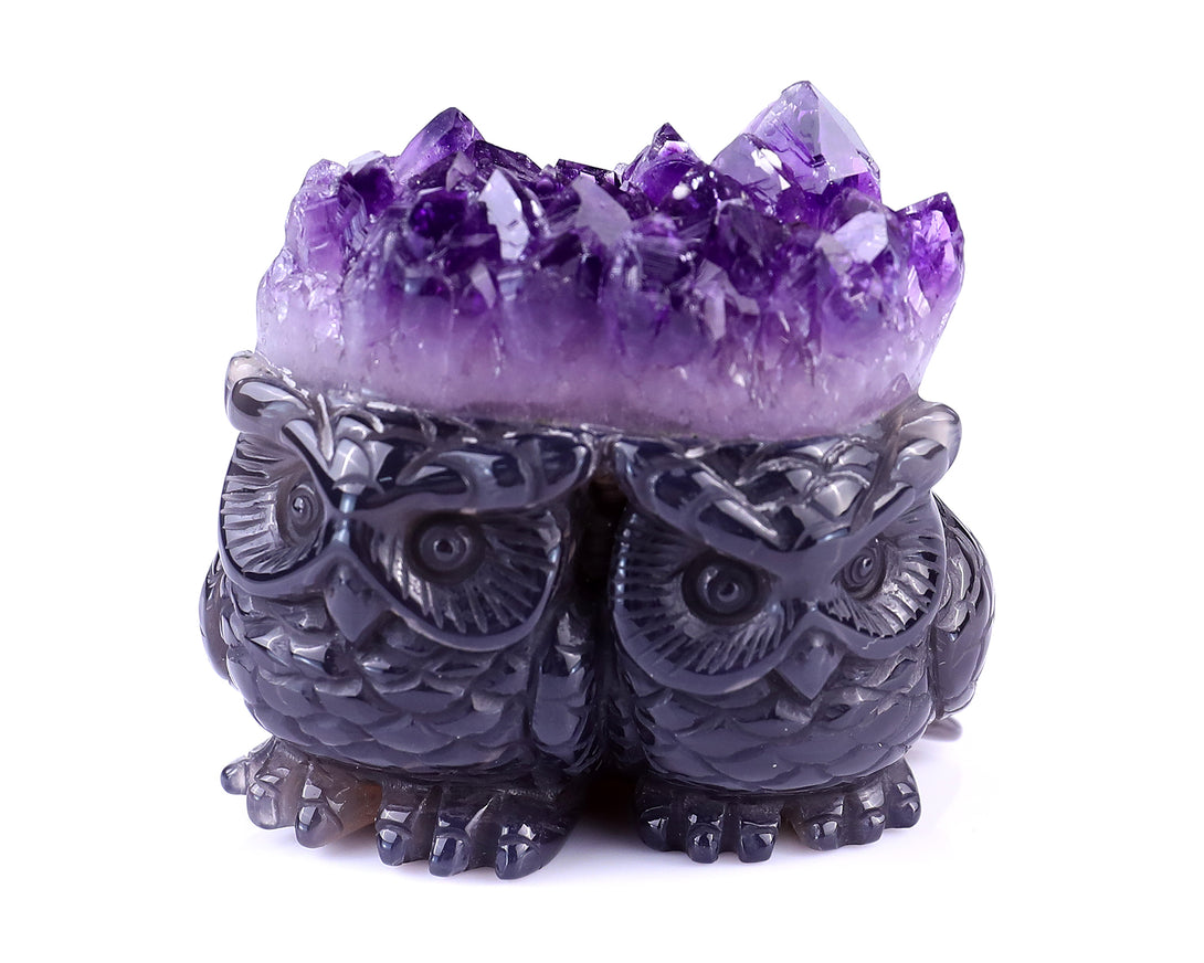 2.3" Amethyst Druse Agate Hand Carved Crystal Owls Sculpture crysvibe