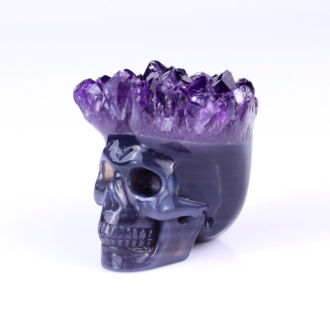 2.4" Amethyst Druse Agate Hand Carved Mineral Specimen Skull Sculpture crysvibe