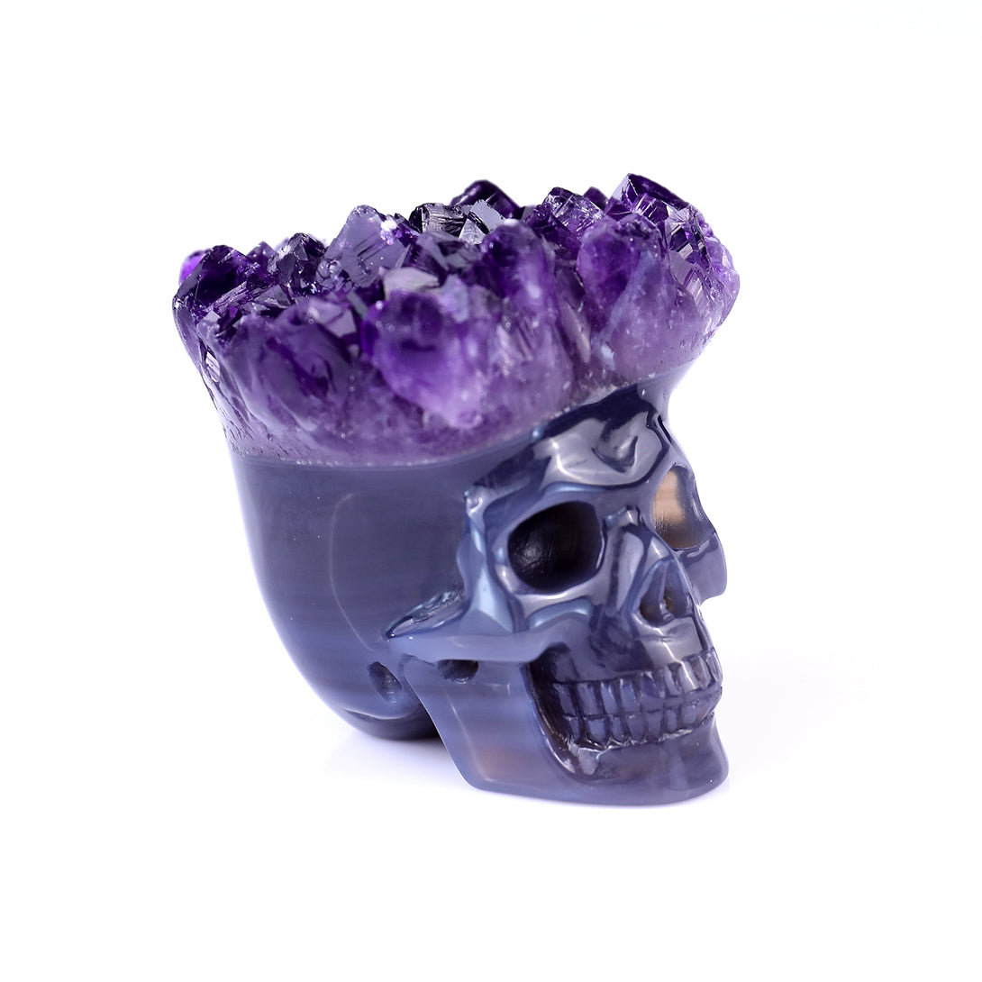 2.4" Amethyst Druse Agate Hand Carved Mineral Specimen Skull Sculpture crysvibe