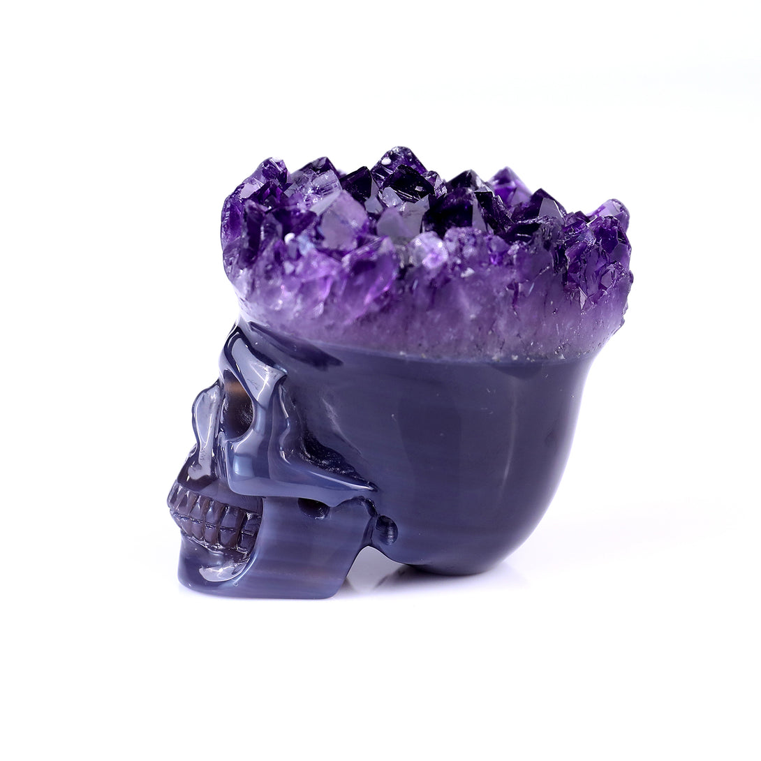 2.4" Amethyst Druse Agate Hand Carved Mineral Specimen Skull Sculpture crysvibe