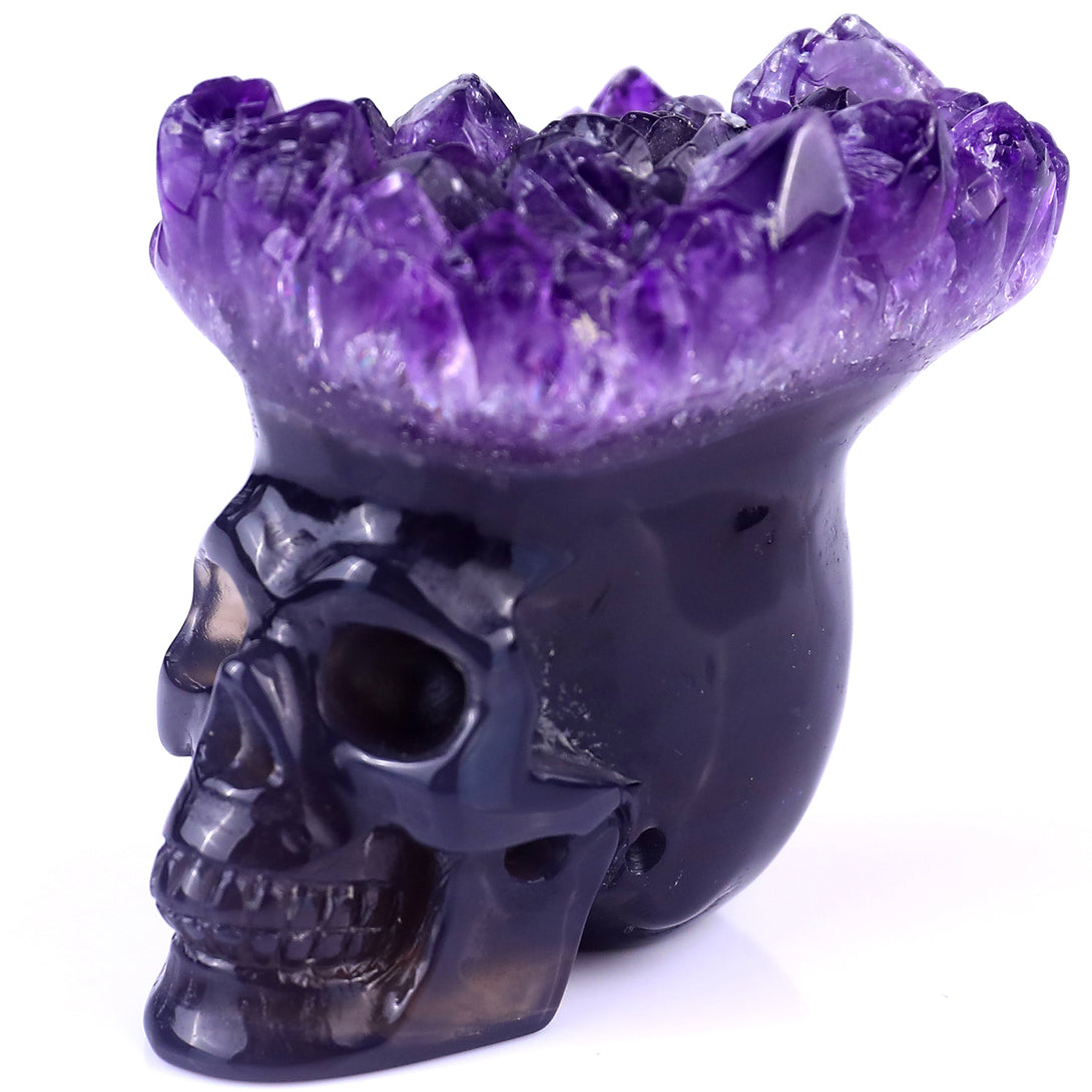 2.4" Amethyst Druse Agate Hand Carved Mineral Specimen Skull Sculpture crysvibe