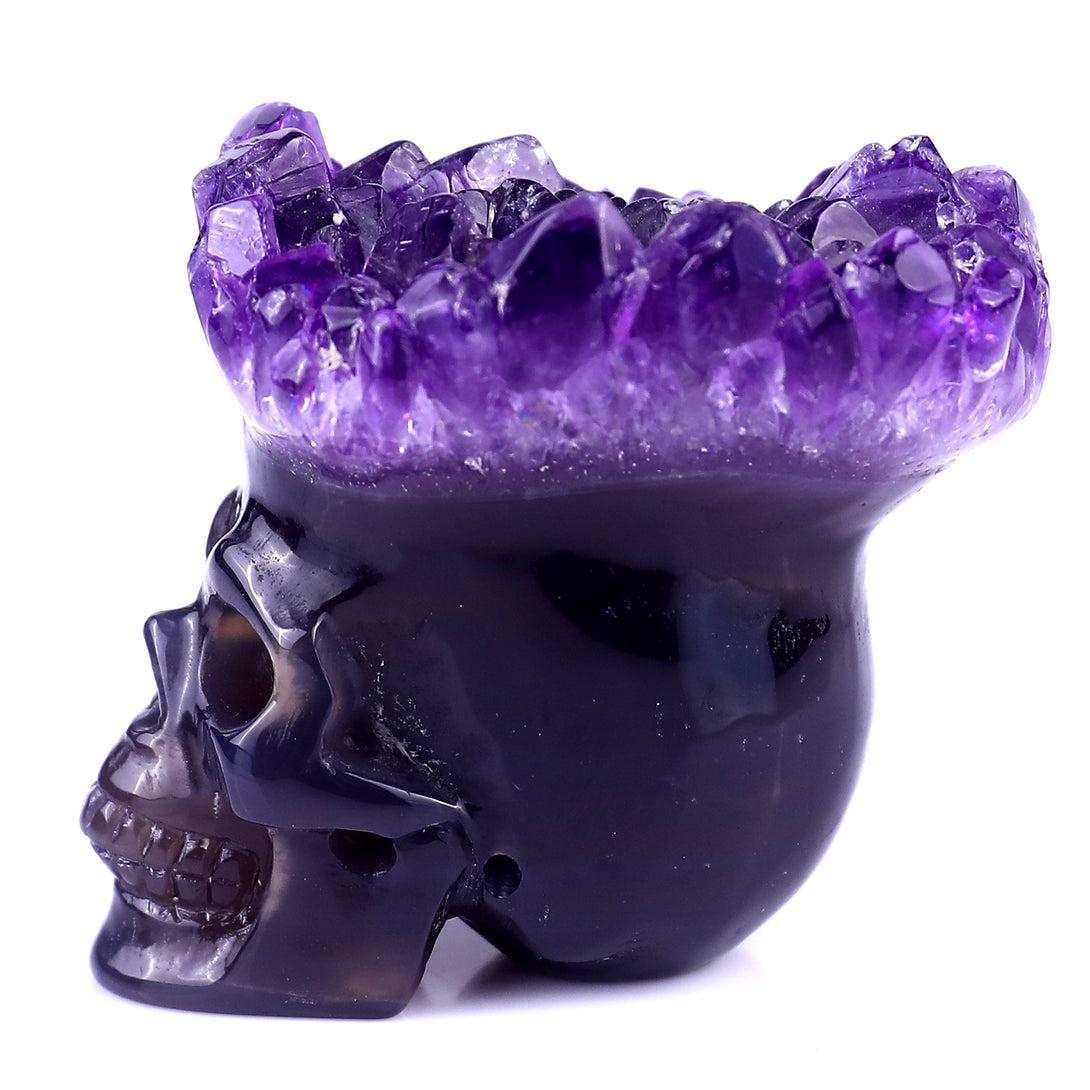 2.4" Amethyst Druse Agate Hand Carved Mineral Specimen Skull Sculpture crysvibe