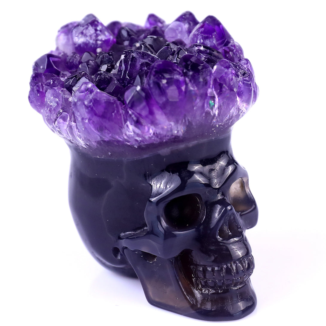 2.4" Amethyst Druse Agate Hand Carved Mineral Specimen Skull Sculpture crysvibe