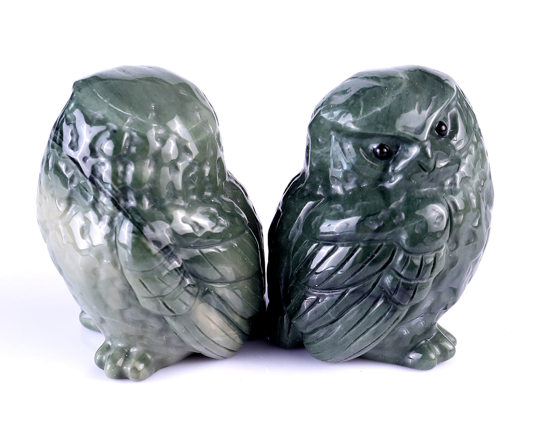 2.4" Jiulong Jade Hand Carved Crystal Owl Sculpture crysvibe