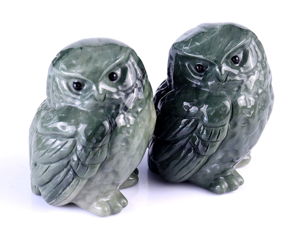 2.4" Jiulong Jade Hand Carved Crystal Owl Sculpture crysvibe