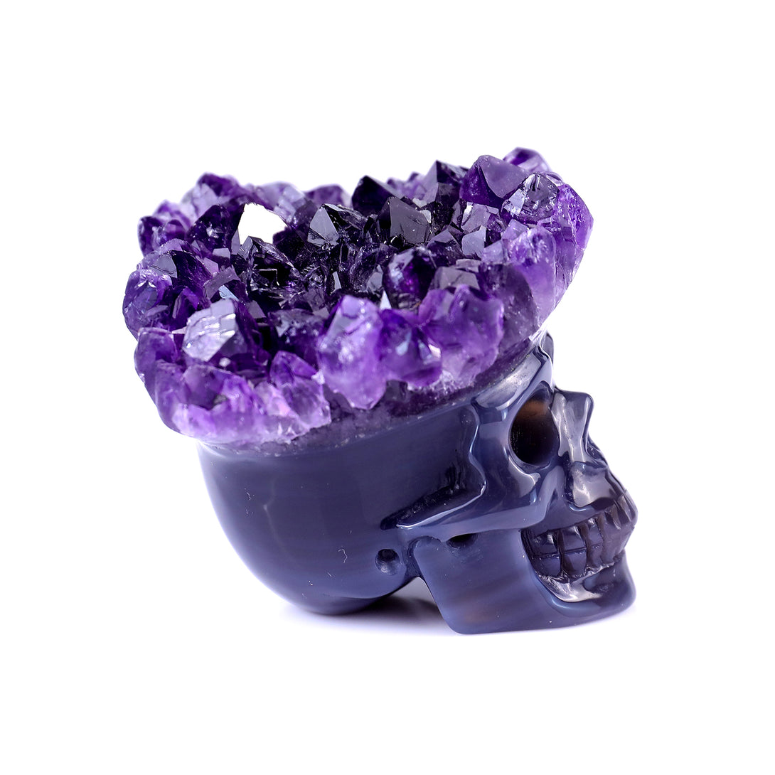 2.5" Amethyst Druse Agate Hand Carved Mineral Specimen Skull Sculpture crysvibe