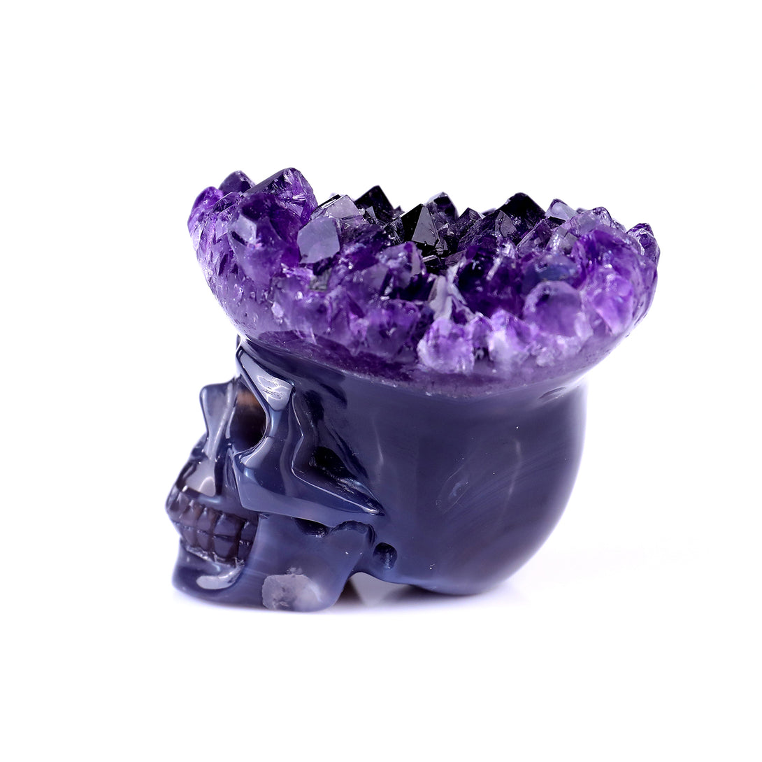 2.5" Amethyst Druse Agate Hand Carved Mineral Specimen Skull Sculpture crysvibe