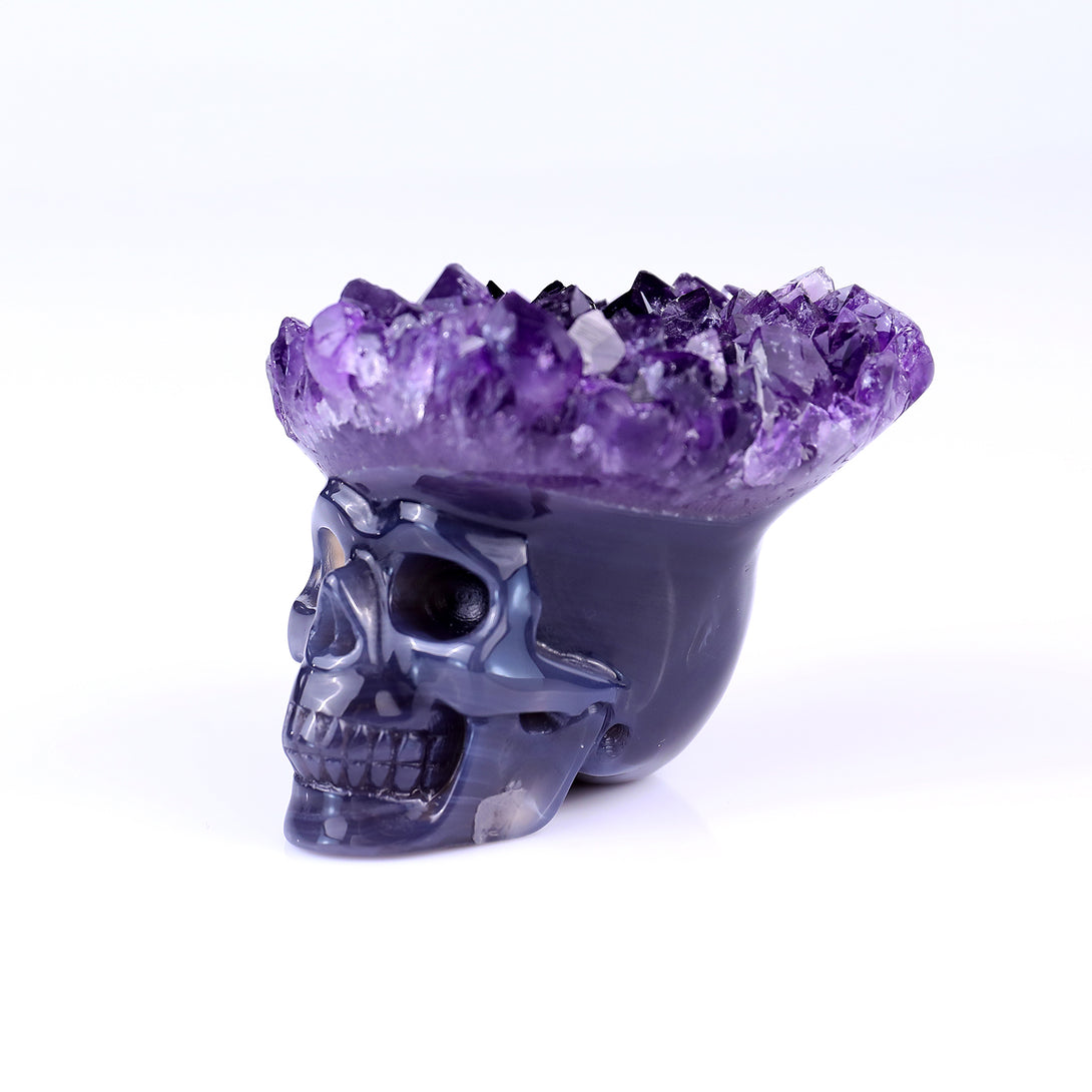 2.5" Amethyst Druse Agate Hand Carved Mineral Specimen Skull Sculpture crysvibe