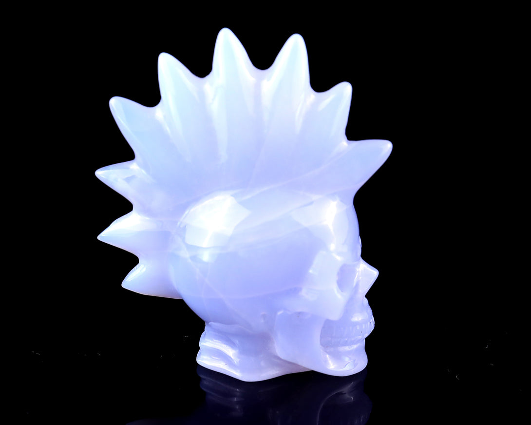 2.7" Blue Chalcedony Hand Carved Crystal Realistic Punk Skull Sculpture crysvibe