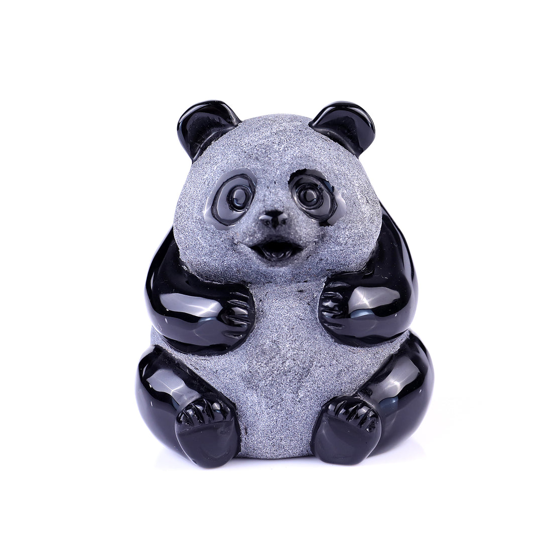 2.9" Black Obsidian Hand Carved Crystal Panda Sculpture crysvibe