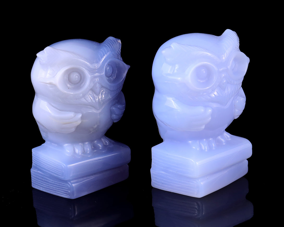 2.9" Blue Chalcedony Hand Carved Crystal Owl Sculpture crysvibe