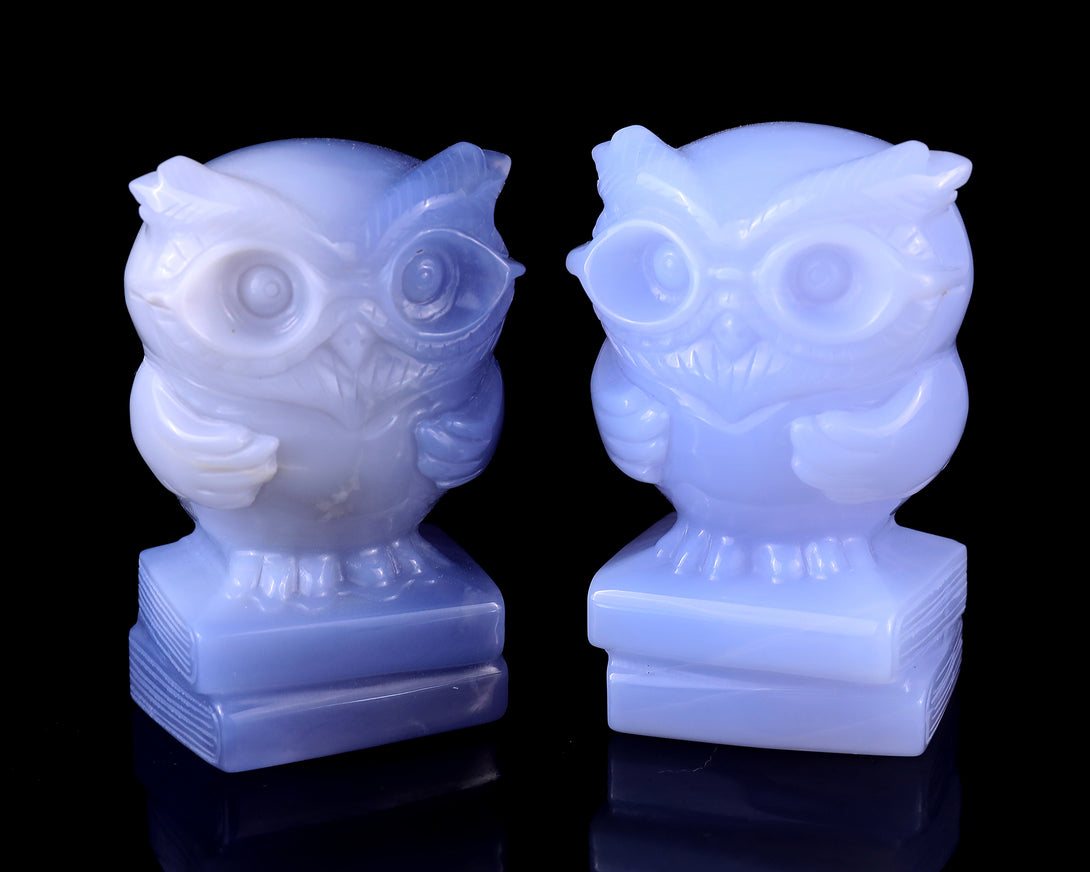 2.9" Blue Chalcedony Hand Carved Crystal Owl Sculpture crysvibe